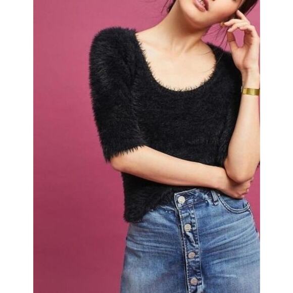 Anthropologie Knitted & Knotted Eyelash Sweater Womens Small 1/2 Sleeve Black - Picture 11 of 13